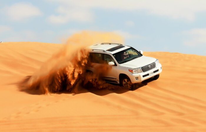 Early morning desert safari with a majestic camel in the desert dunes surrounded by picturesque mountains, perfect for a unique and thrilling adventure.